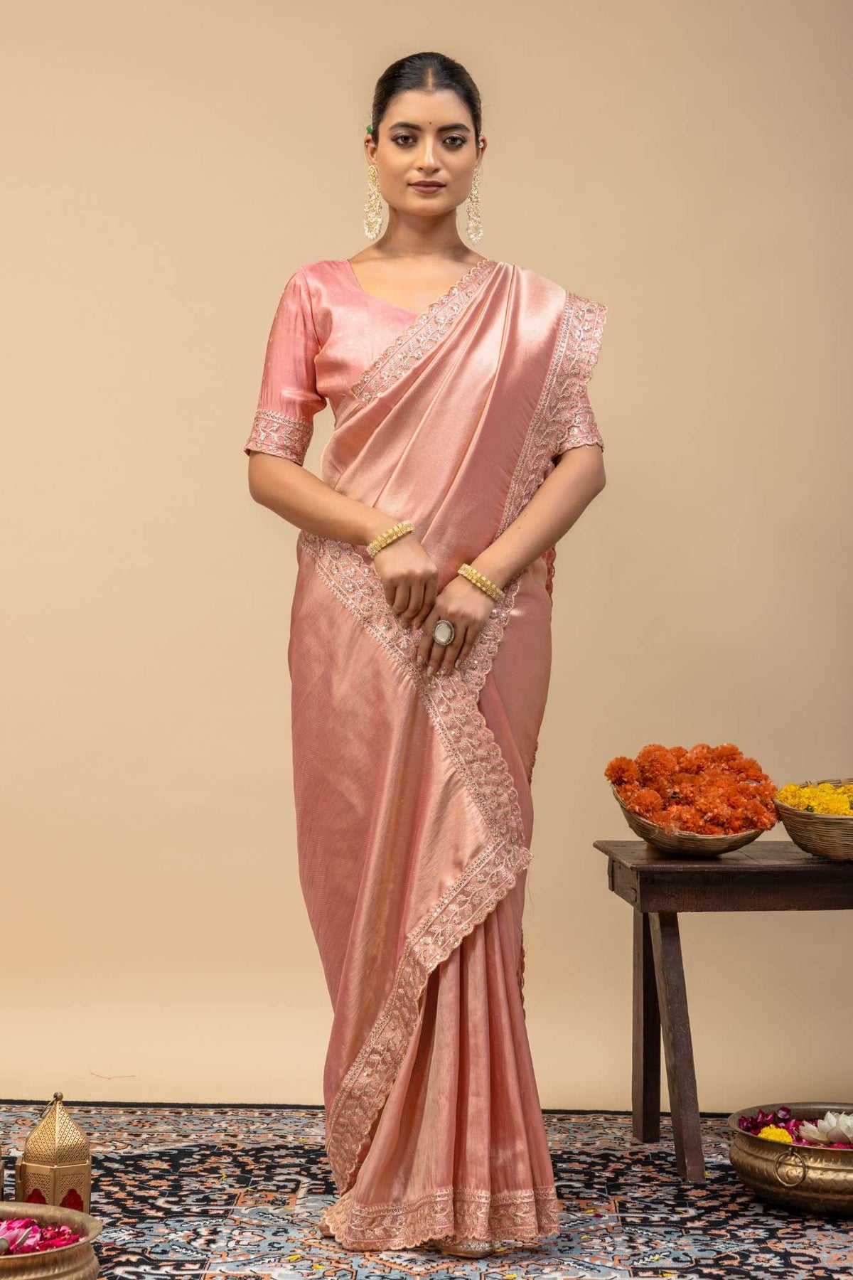 Rose Gold Metallic Sheen Soft Satin Silk Saree with Thread & Sequin Cutwork Lace Border