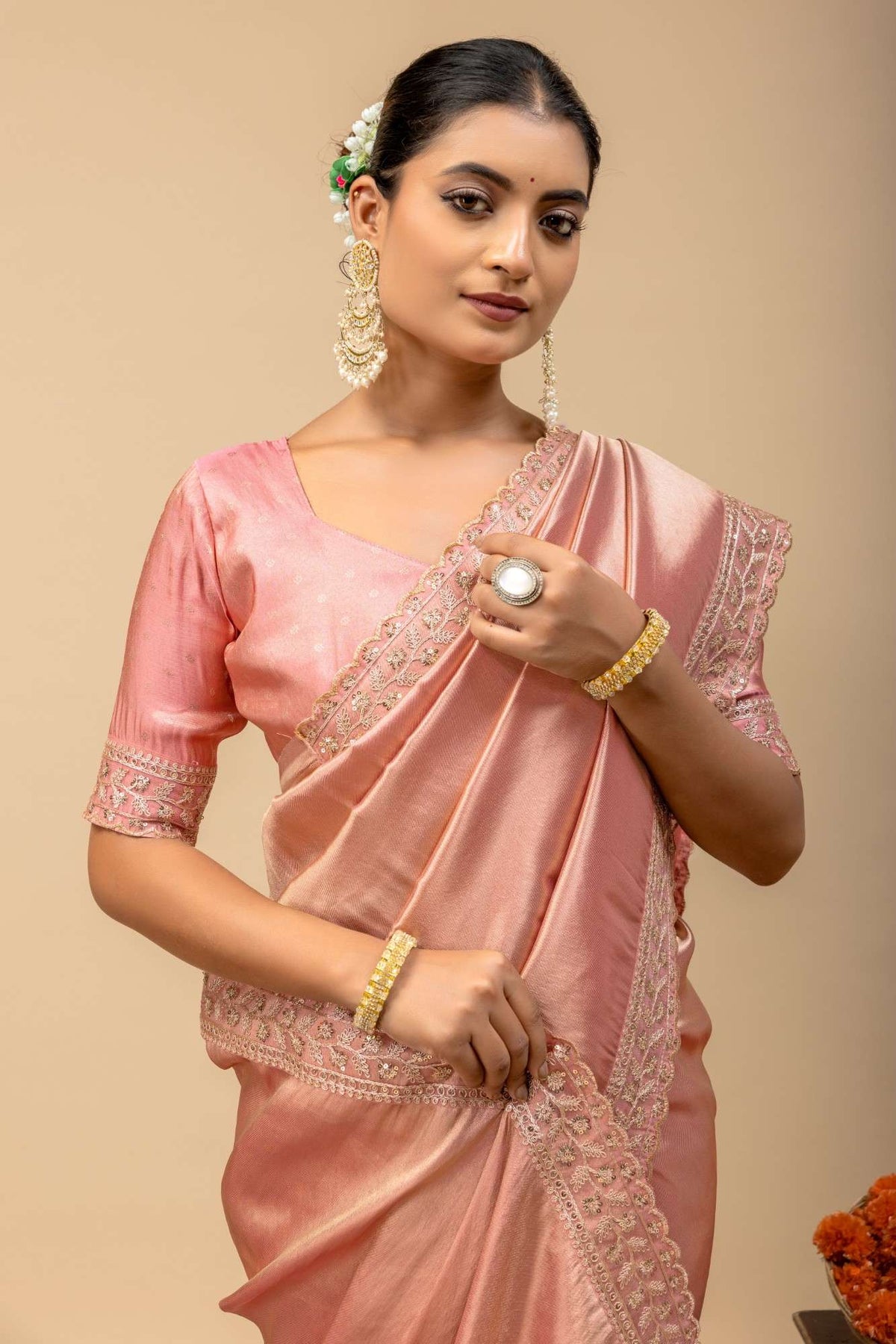 Rose Gold Metallic Sheen Soft Satin Silk Saree with Thread & Sequin Cutwork Lace Border