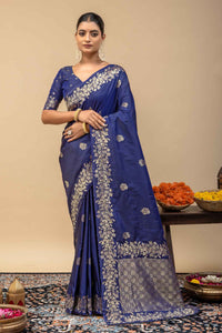 Royal Deep Blue Kanjivaram Style Silk Saree with All-Over Zari Butti and Blouse Piece