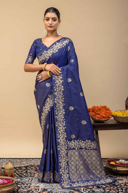 Royal Deep Blue Kanjivaram Style Silk Saree with All-Over Zari Butti and Blouse Piece