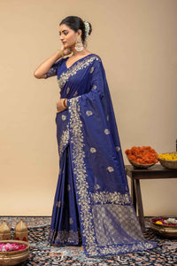 Royal Deep Blue Kanjivaram Style Silk Saree with All-Over Zari Butti and Blouse Piece