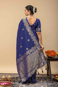 Royal Deep Blue Kanjivaram Style Silk Saree with All-Over Zari Butti and Blouse Piece