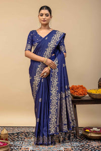 Royal Deep Blue Kanjivaram Style Silk Saree with All-Over Zari Butti and Blouse Piece
