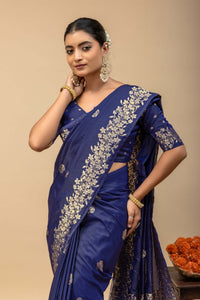 Royal Deep Blue Kanjivaram Style Silk Saree with All-Over Zari Butti and Blouse Piece