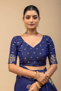Royal Deep Blue Kanjivaram Style Silk Saree with All-Over Zari Butti and Blouse Piece