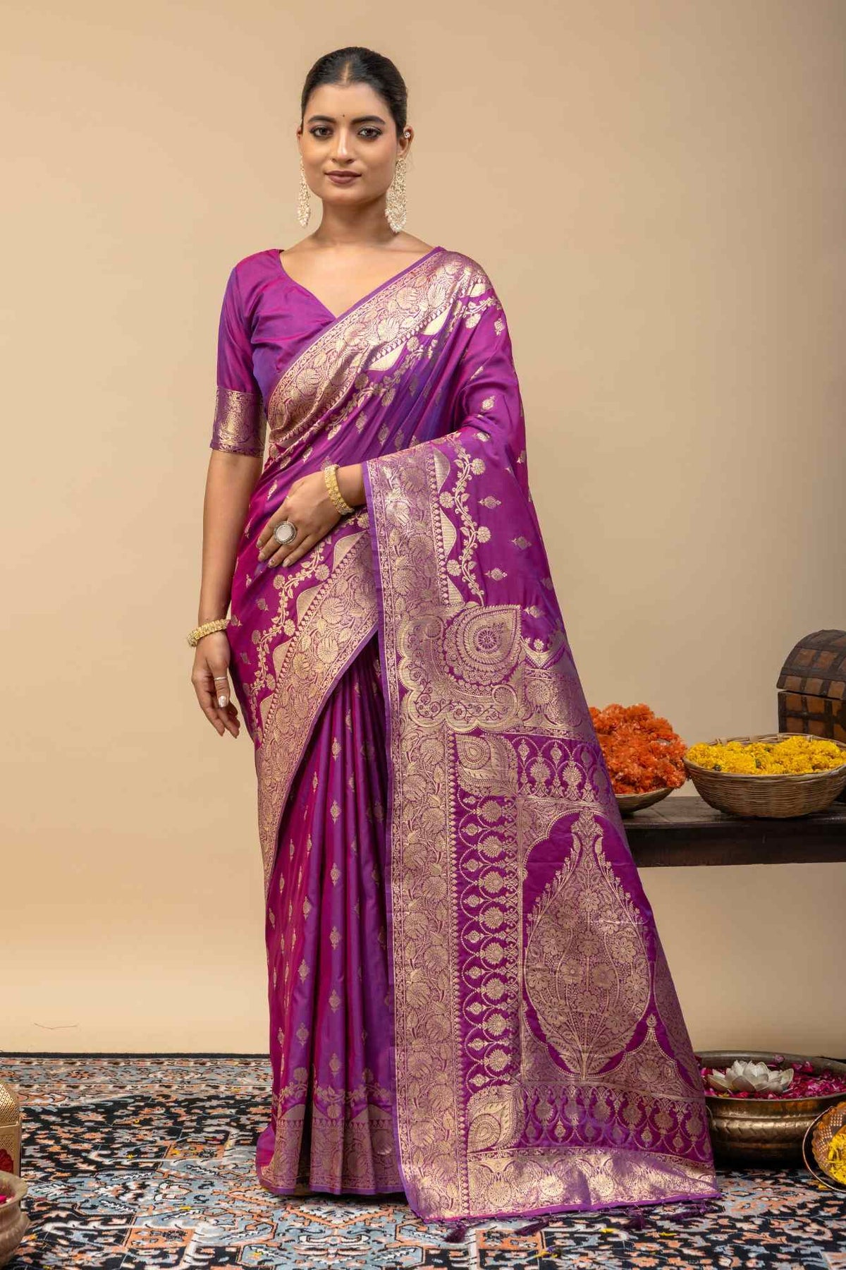 Royal Magenta Purple Banarasi Soft Silk Saree with Golden Zari Weaving & Grand Kalka Pallu