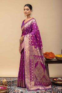 Royal Magenta Purple Banarasi Soft Silk Saree with Golden Zari Weaving & Grand Kalka Pallu