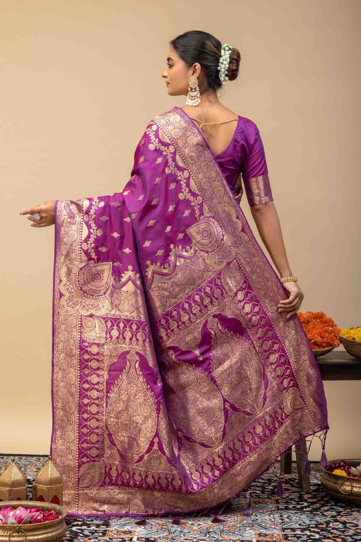 Royal Magenta Purple Banarasi Soft Silk Saree with Golden Zari Weaving & Grand Kalka Pallu