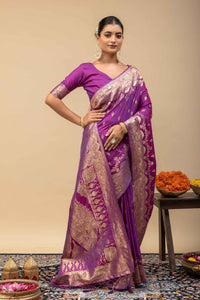 Royal Magenta Purple Banarasi Soft Silk Saree with Golden Zari Weaving & Grand Kalka Pallu