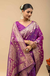 Royal Magenta Purple Banarasi Soft Silk Saree with Golden Zari Weaving & Grand Kalka Pallu