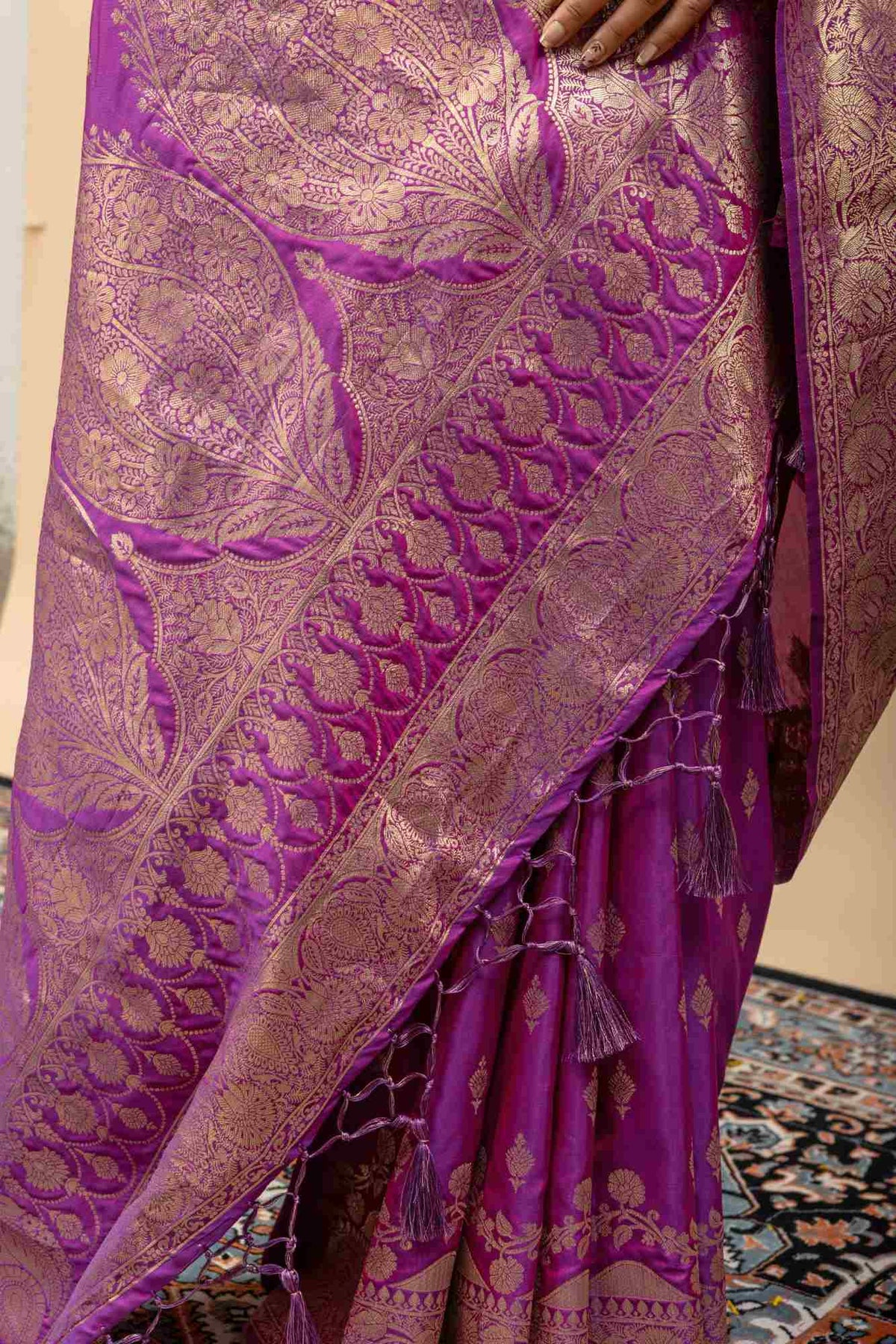 Royal Magenta Purple Banarasi Soft Silk Saree with Golden Zari Weaving & Grand Kalka Pallu
