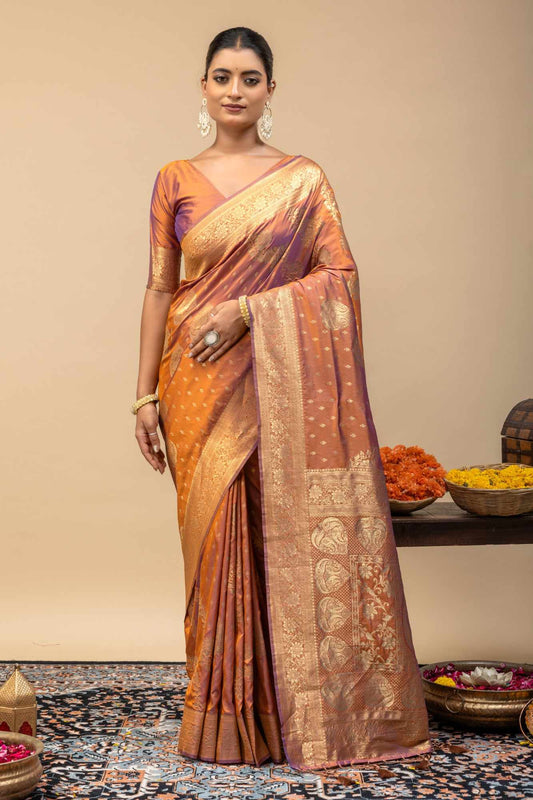 Rust Gold Kanjivaram Style Soft Silk Saree with Blouse Piece