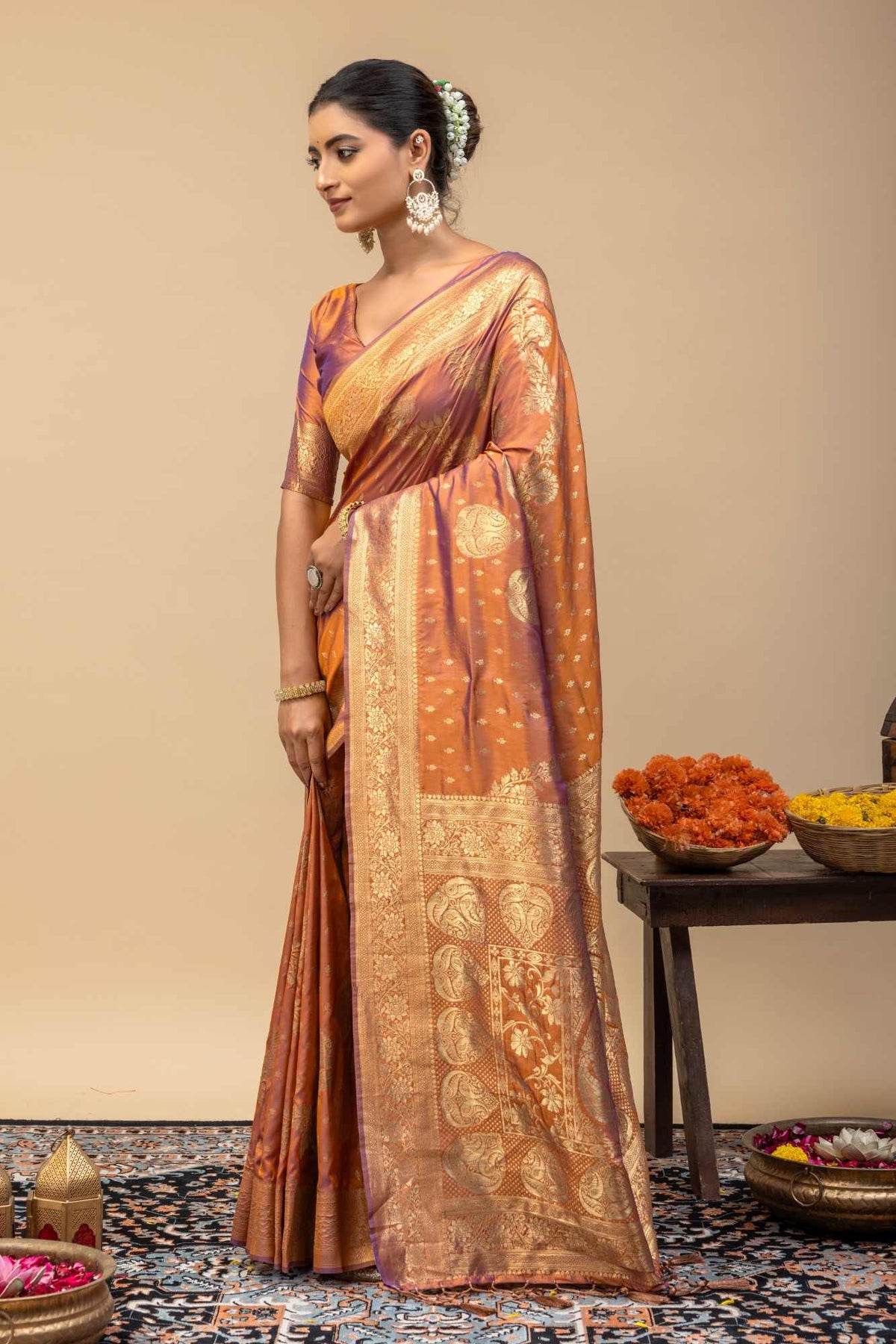 Rust Gold Kanjivaram Style Soft Silk Saree with Blouse Piece