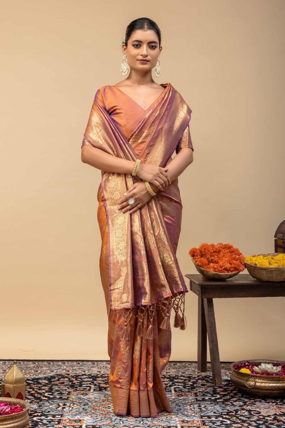 Rust Gold Kanjivaram Style Soft Silk Saree with Blouse Piece
