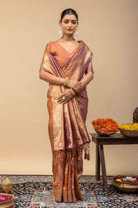 Rust Gold Kanjivaram Style Soft Silk Saree with Blouse Piece