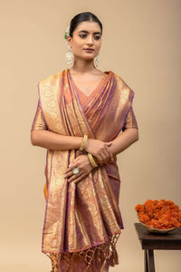 Rust Gold Kanjivaram Style Soft Silk Saree with Blouse Piece