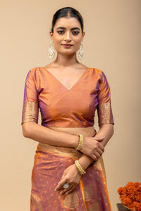 Rust Gold Kanjivaram Style Soft Silk Saree with Blouse Piece