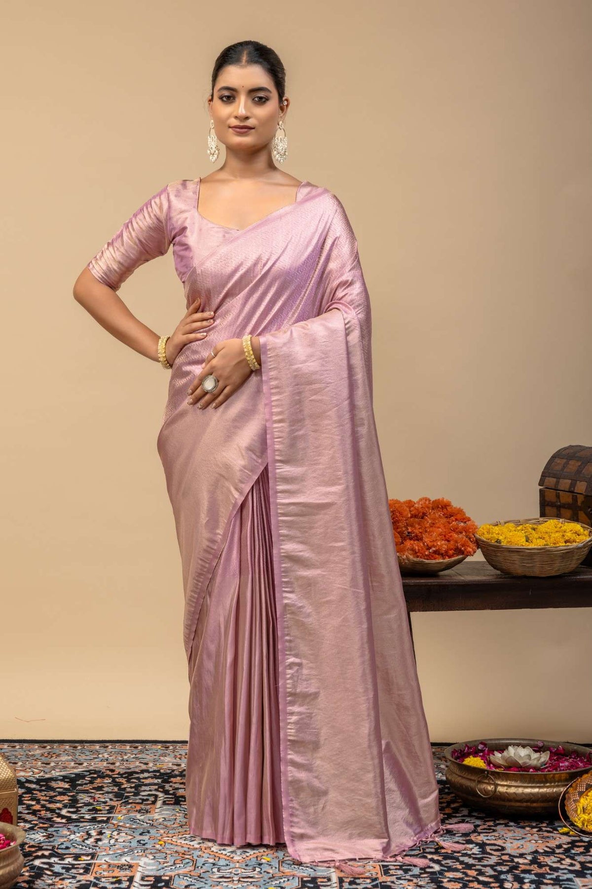 Pastel Lavender Metallic Sheen Soft Silk Saree with Subtle Zari Border & Blouse Piece