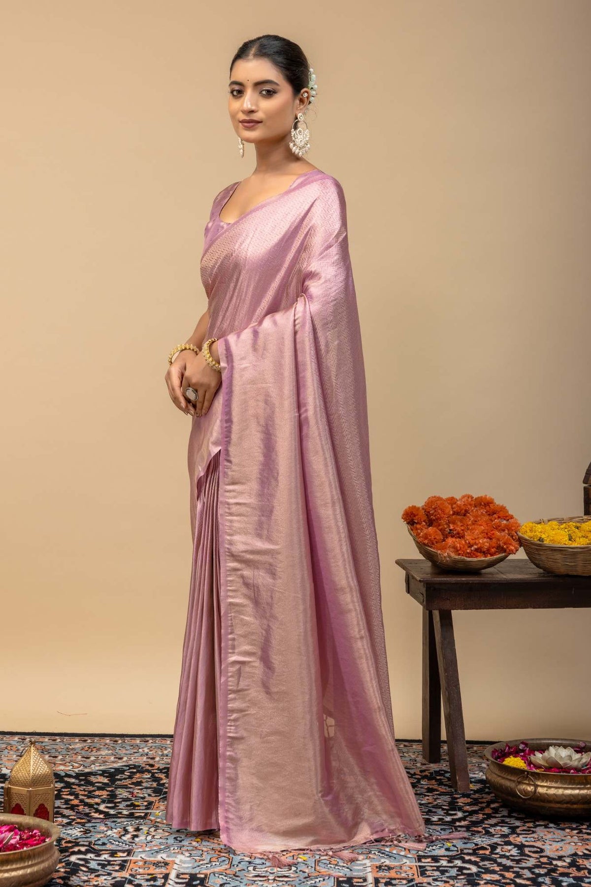 Pastel Lavender Metallic Sheen Soft Silk Saree with Subtle Zari Border & Blouse Piece