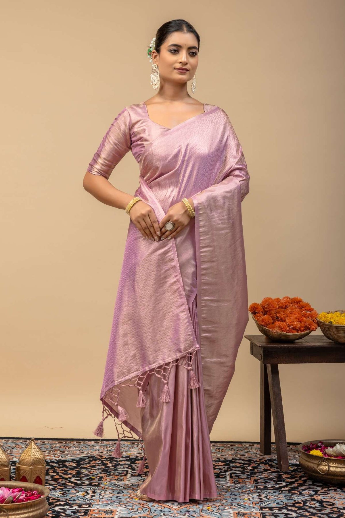 Pastel Lavender Metallic Sheen Soft Silk Saree with Subtle Zari Border & Blouse Piece
