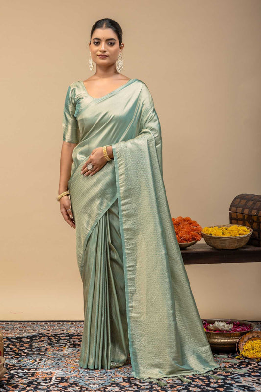 Pastel Pista Green Metallic Sheen Soft Silk Saree with Sleek Zari Border & Blouse Piece