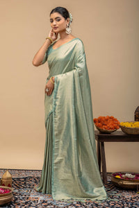 Pastel Pista Green Metallic Sheen Soft Silk Saree with Sleek Zari Border & Blouse Piece