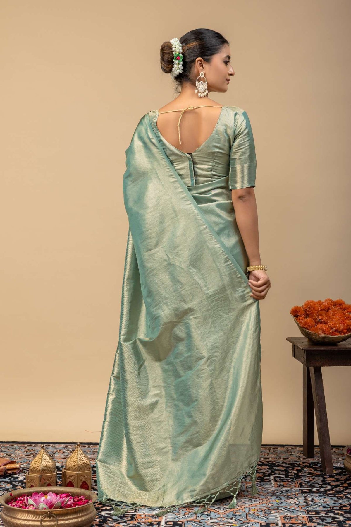 Pastel Pista Green Metallic Sheen Soft Silk Saree with Sleek Zari Border & Blouse Piece