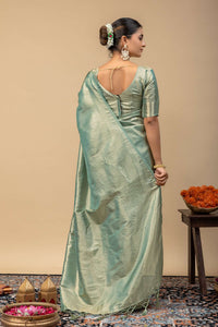 Pastel Pista Green Metallic Sheen Soft Silk Saree with Sleek Zari Border & Blouse Piece