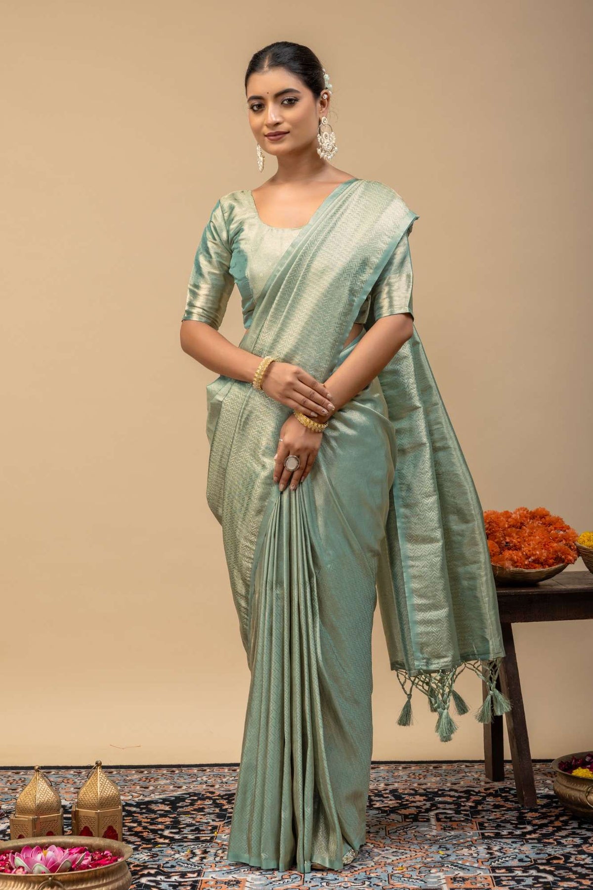 Pastel Pista Green Metallic Sheen Soft Silk Saree with Sleek Zari Border & Blouse Piece
