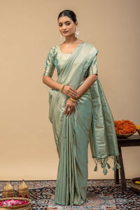 Pastel Pista Green Metallic Sheen Soft Silk Saree with Sleek Zari Border & Blouse Piece