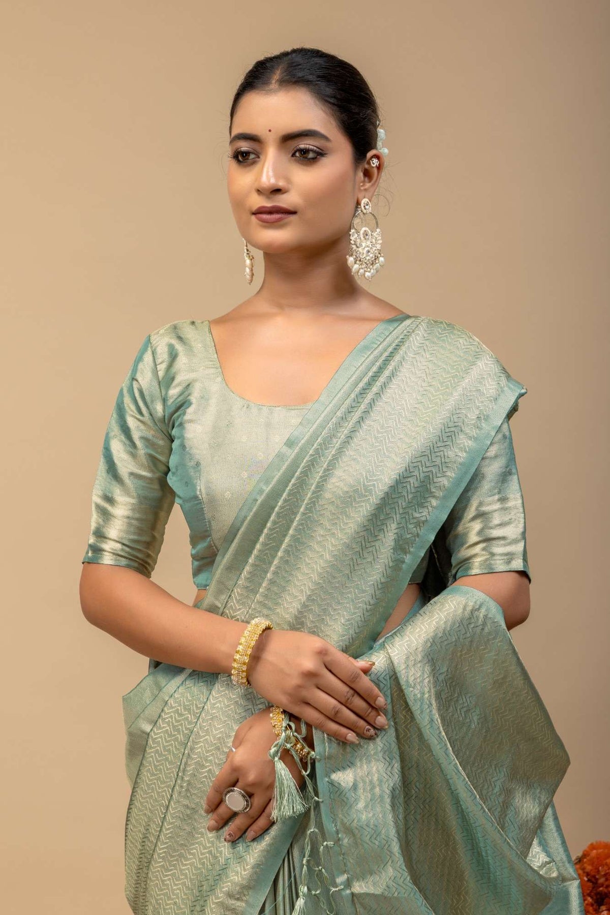 Pastel Pista Green Metallic Sheen Soft Silk Saree with Sleek Zari Border & Blouse Piece