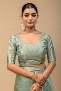 Pastel Pista Green Metallic Sheen Soft Silk Saree with Sleek Zari Border & Blouse Piece