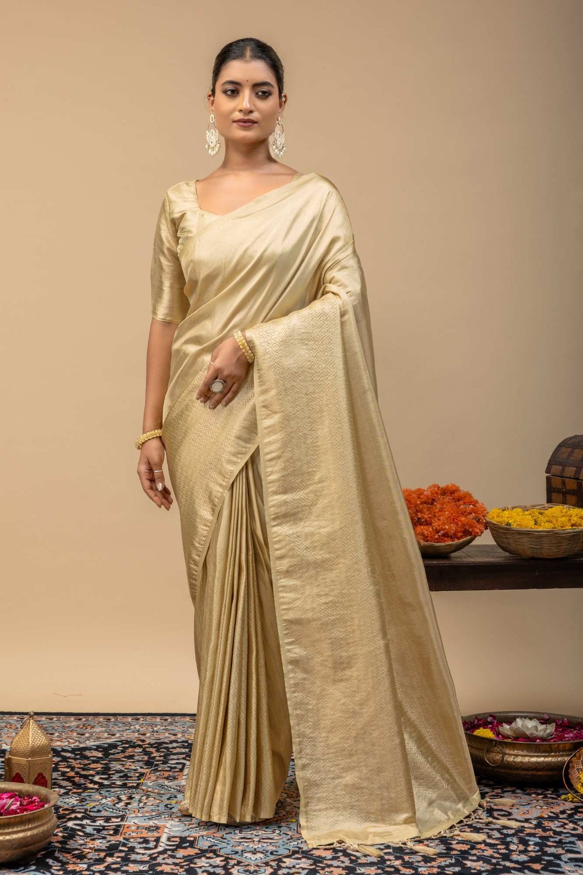 Glossy Gold Soft Tissue Silk Saree with Sleek Self Border & Matching Blouse Piece