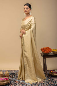 Glossy Gold Soft Tissue Silk Saree with Sleek Self Border & Matching Blouse Piece