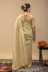 Glossy Gold Soft Tissue Silk Saree with Sleek Self Border & Matching Blouse Piece