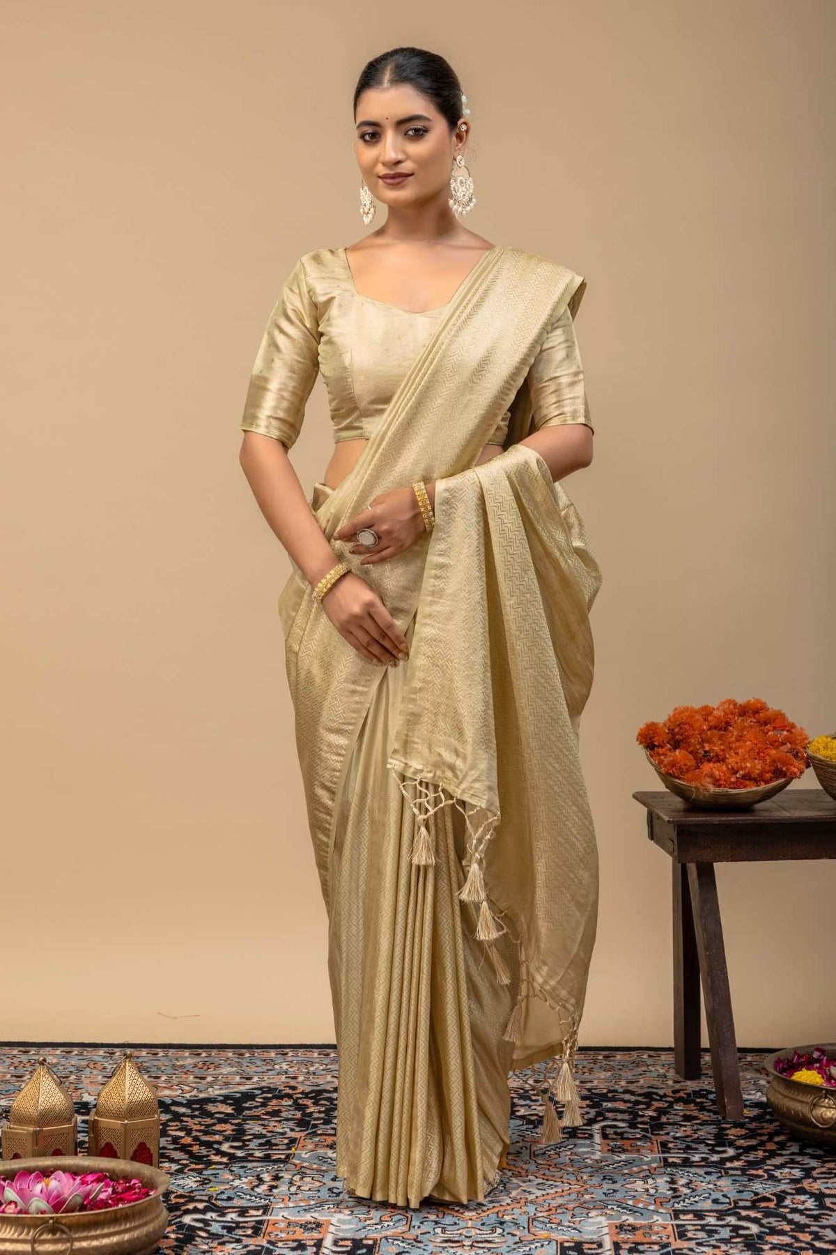 Glossy Gold Soft Tissue Silk Saree with Sleek Self Border & Matching Blouse Piece