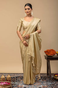 Glossy Gold Soft Tissue Silk Saree with Sleek Self Border & Matching Blouse Piece