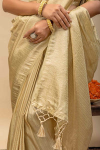 Glossy Gold Soft Tissue Silk Saree with Sleek Self Border & Matching Blouse Piece