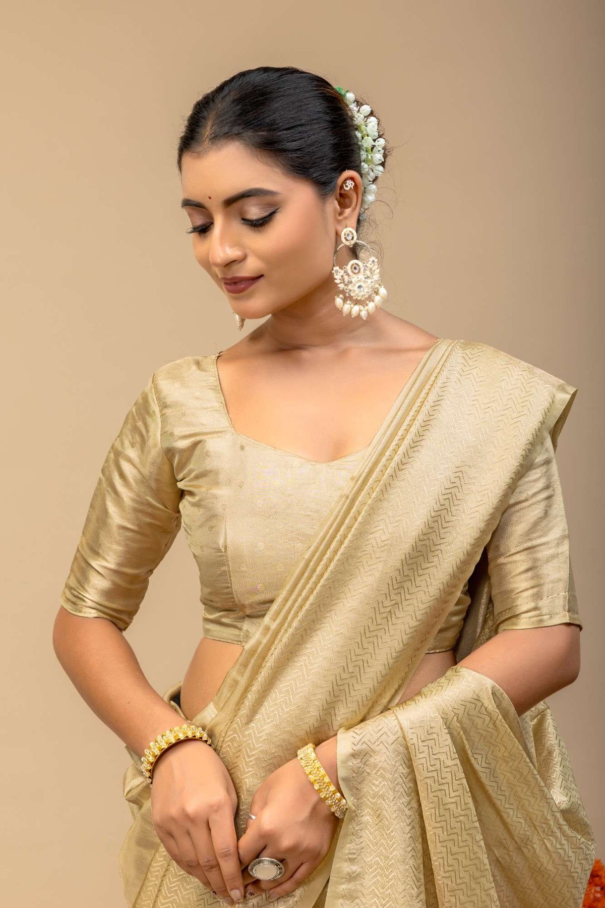 Glossy Gold Soft Tissue Silk Saree with Sleek Self Border & Matching Blouse Piece