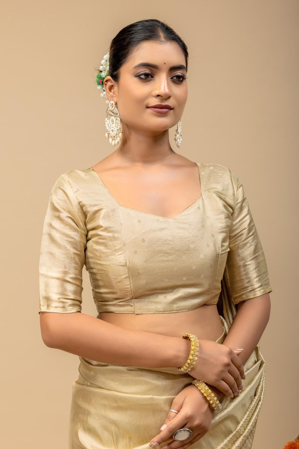 Glossy Gold Soft Tissue Silk Saree with Sleek Self Border & Matching Blouse Piece