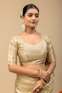 Glossy Gold Soft Tissue Silk Saree with Sleek Self Border & Matching Blouse Piece