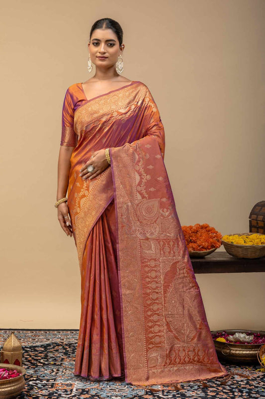 Rust Orange Banarasi Soft Silk Saree with Golden Zari Kalka Brocade Pallu