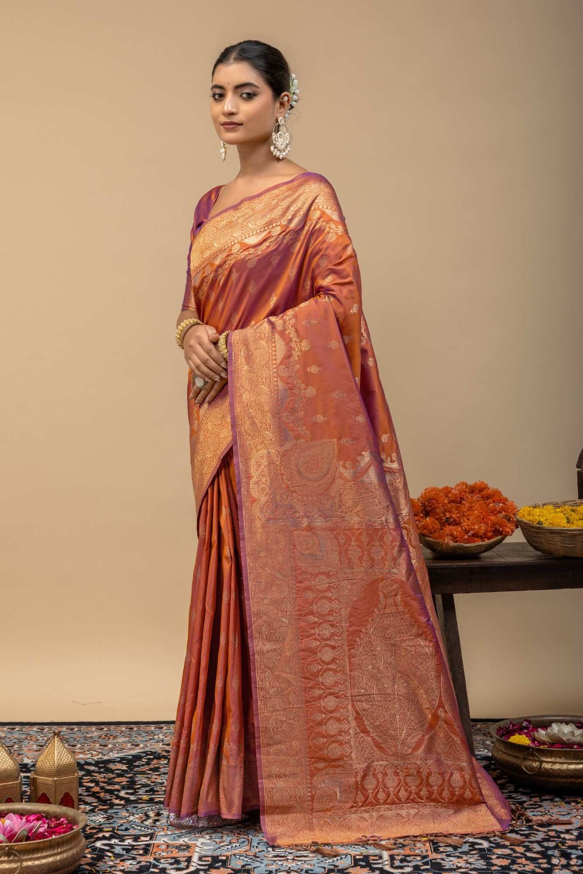 Rust Orange Banarasi Soft Silk Saree with Golden Zari Kalka Brocade Pallu