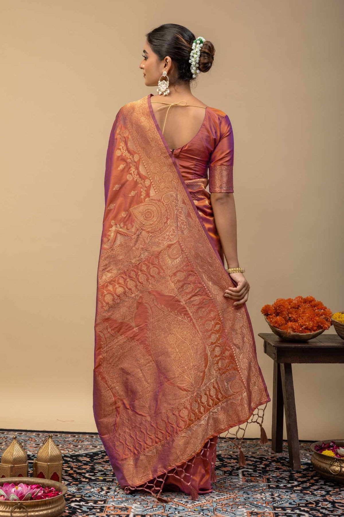 Rust Orange Banarasi Soft Silk Saree with Golden Zari Kalka Brocade Pallu