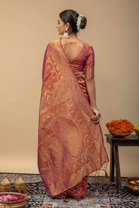 Rust Orange Banarasi Soft Silk Saree with Golden Zari Kalka Brocade Pallu