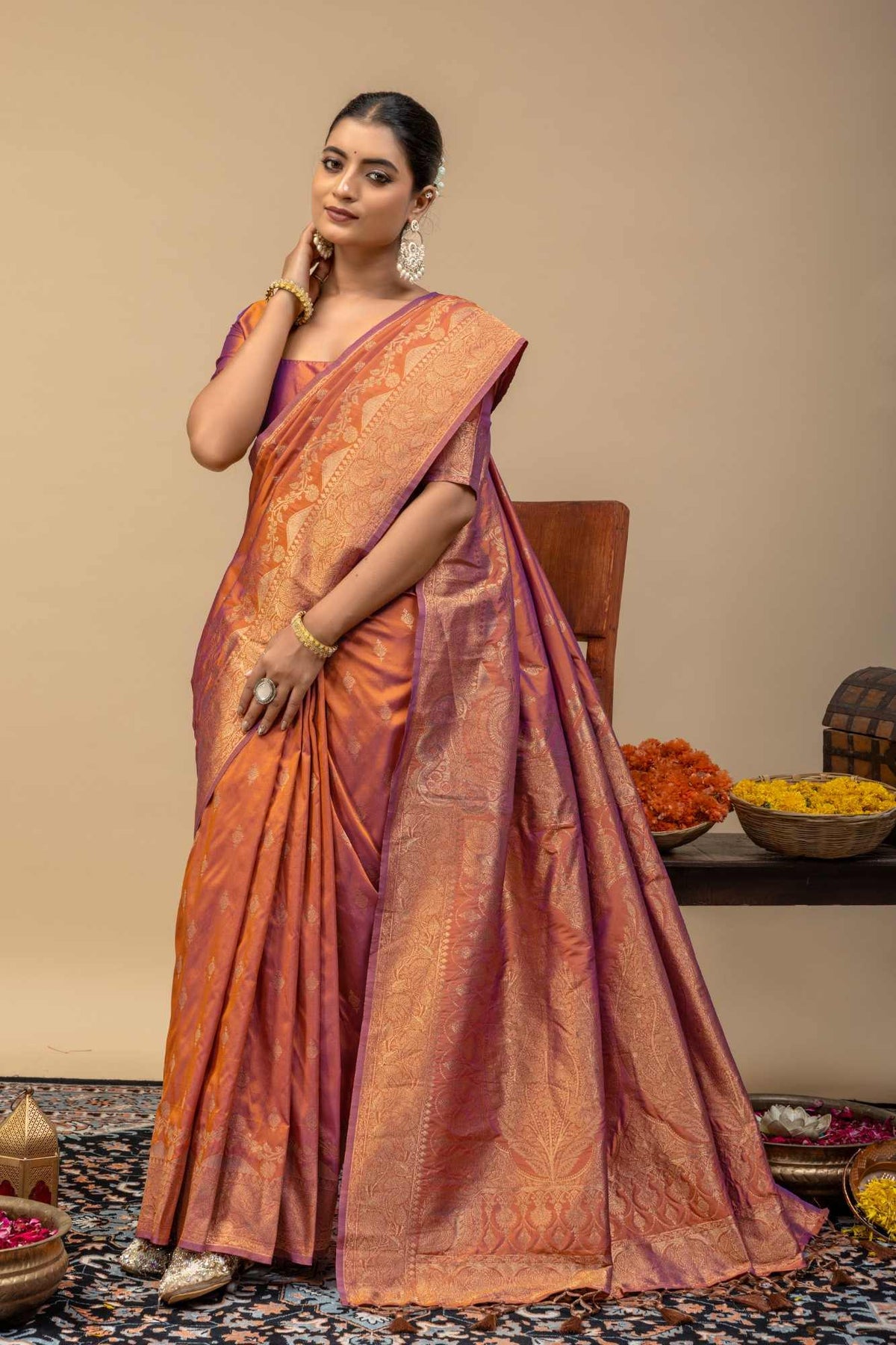Rust Orange Banarasi Soft Silk Saree with Golden Zari Kalka Brocade Pallu