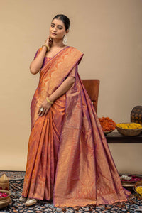 Rust Orange Banarasi Soft Silk Saree with Golden Zari Kalka Brocade Pallu