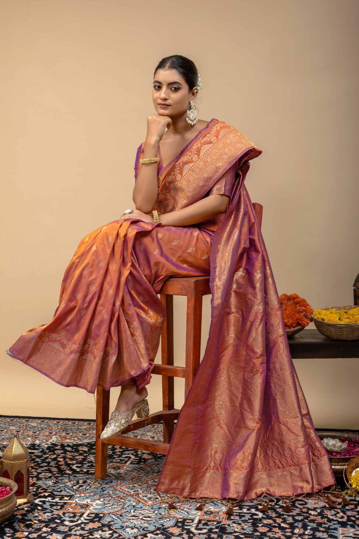 Rust Orange Banarasi Soft Silk Saree with Golden Zari Kalka Brocade Pallu