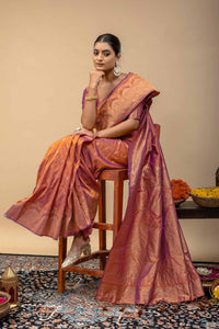 Rust Orange Banarasi Soft Silk Saree with Golden Zari Kalka Brocade Pallu