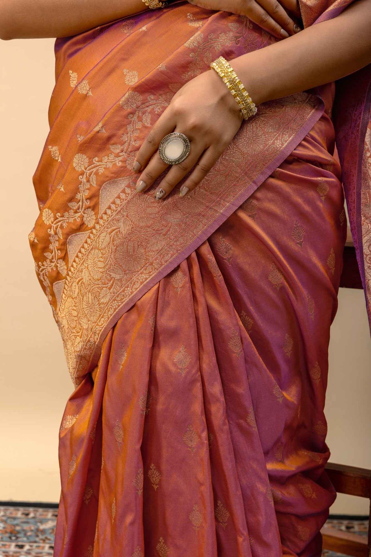 Rust Orange Banarasi Soft Silk Saree with Golden Zari Kalka Brocade Pallu